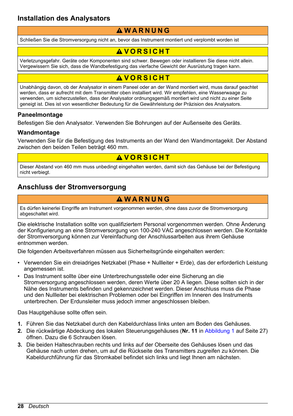 Installation des analysators, Paneelmontage, Wandmontage | Anschluss der stromversorgung | Hach-Lange POLYMETRON 9240 Basic User Manual User Manual | Page 28 / 162