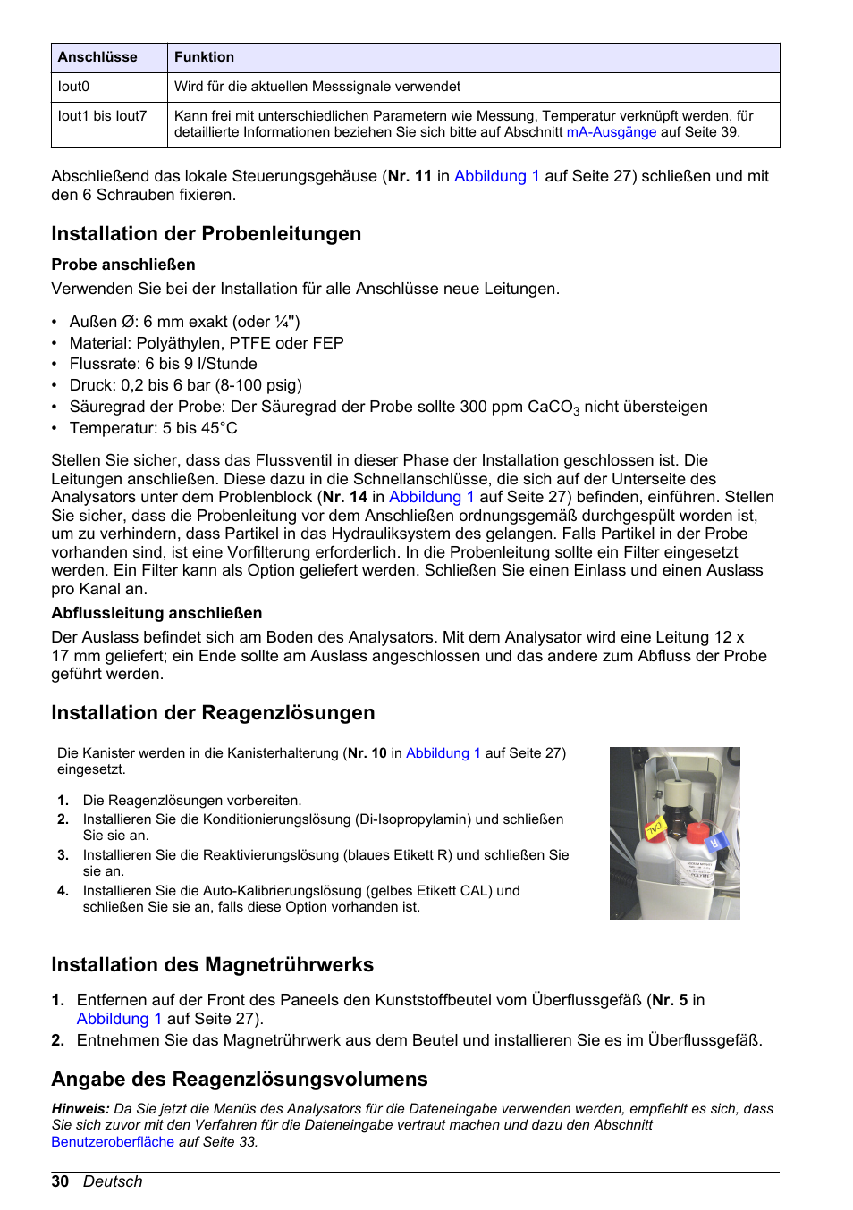 Installation der probenleitungen, Installation der reagenzlösungen, Installation des magnetrührwerks | Angabe des reagenzlösungsvolumens | Hach-Lange POLYMETRON 9240 Basic User Manual User Manual | Page 30 / 162