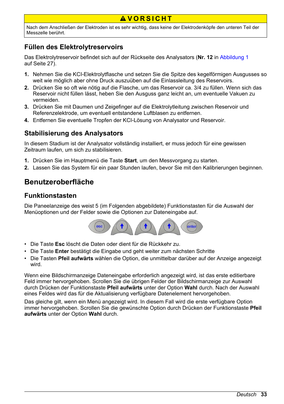 Füllen des elektrolytreservoirs, Stabilisierung des analysators, Benutzeroberfläche | Funktionstasten | Hach-Lange POLYMETRON 9240 Basic User Manual User Manual | Page 33 / 162