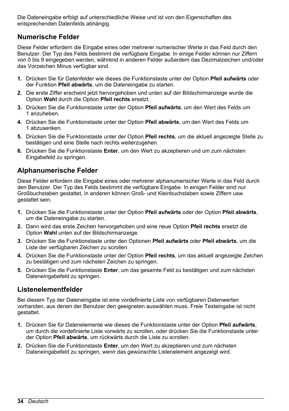 Numerische felder, Alphanumerische felder, Listenelementfelder | Hach-Lange POLYMETRON 9240 Basic User Manual User Manual | Page 34 / 162