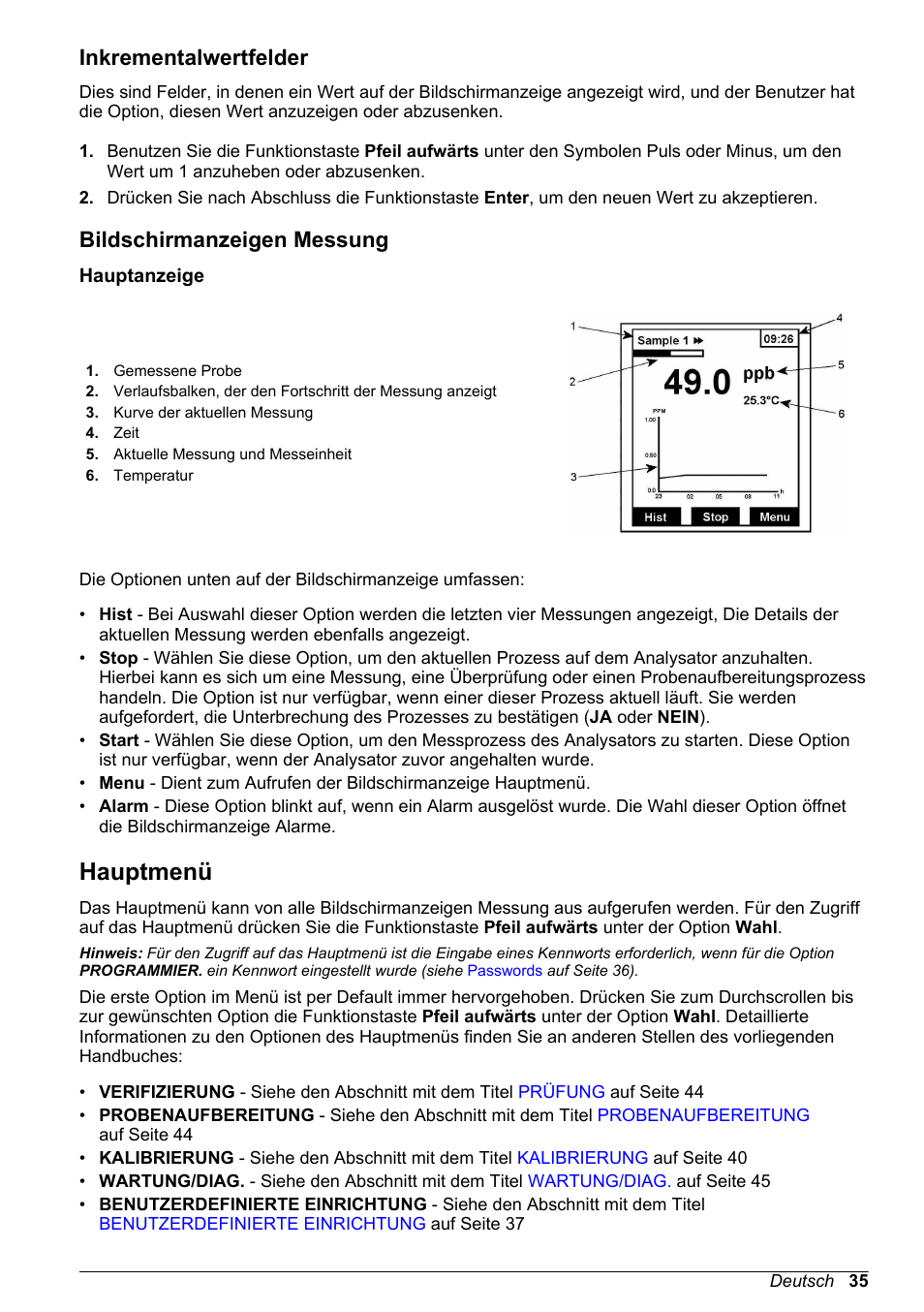 Inkrementalwertfelder, Bildschirmanzeigen messung, Hauptanzeige | Hauptmenü | Hach-Lange POLYMETRON 9240 Basic User Manual User Manual | Page 35 / 162