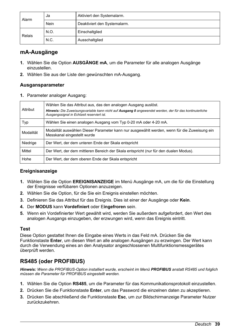 Ma-ausgänge, Ausgansparameter, Ereignisanzeige | Test, Rs485 (oder profibus), Auf seite 39 | Hach-Lange POLYMETRON 9240 Basic User Manual User Manual | Page 39 / 162