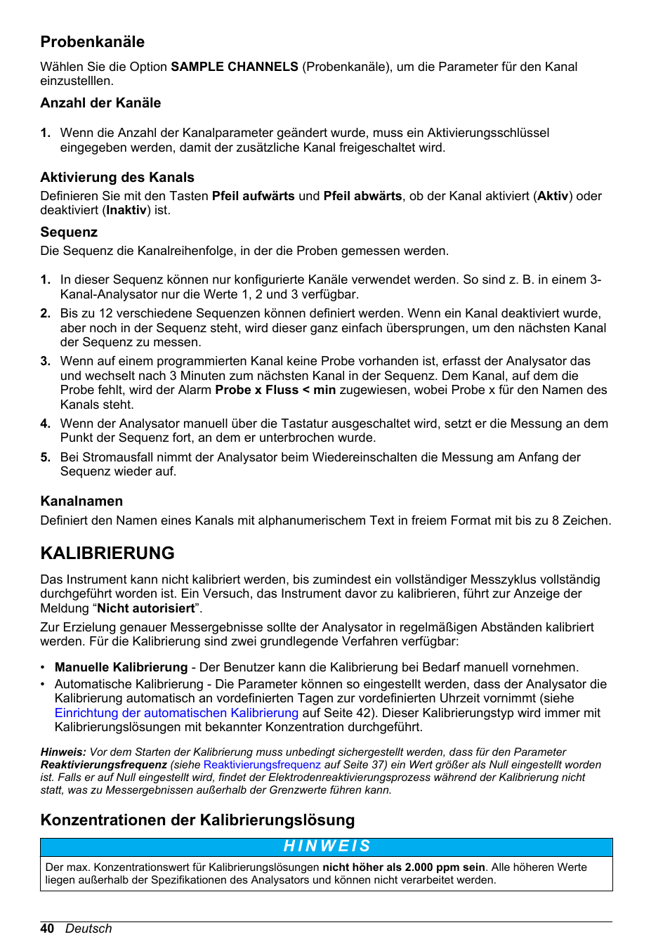 Probenkanäle, Anzahl der kanäle, Aktivierung des kanals | Sequenz, Kanalnamen, Kalibrierung, Konzentrationen der kalibrierungslösung, Siehe den abschnitt mit dem titel, Auf seite 40 | Hach-Lange POLYMETRON 9240 Basic User Manual User Manual | Page 40 / 162