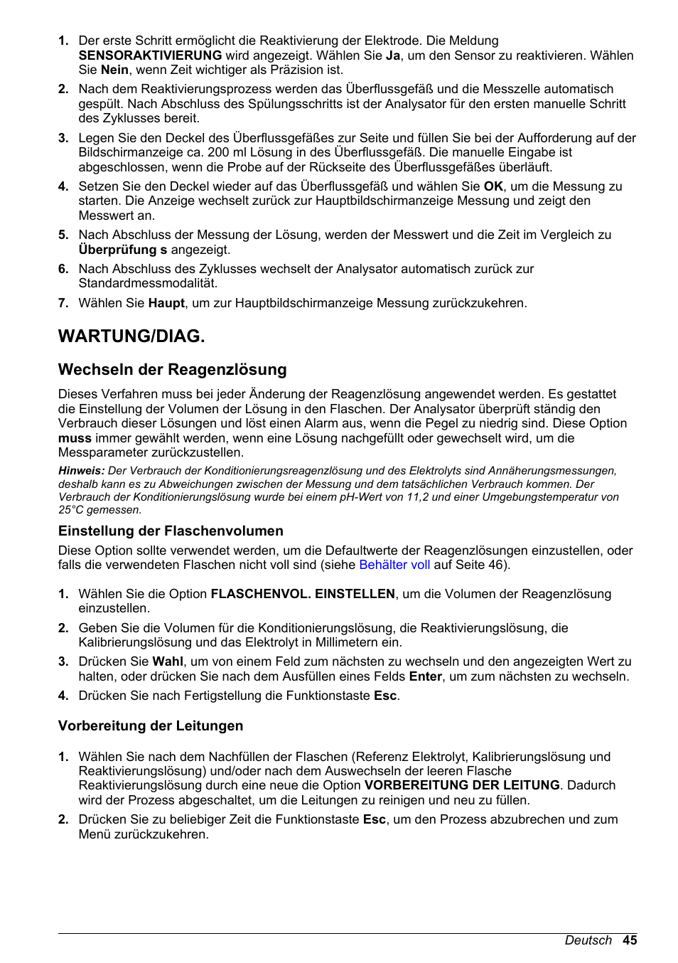Wartung/‍diag, Wechseln der reagenzlösung, Einstellung der flaschenvolumen | Vorbereitung der leitungen, Siehe den abschnitt mit dem titel, Wartung/diag, Auf seite 45 | Hach-Lange POLYMETRON 9240 Basic User Manual User Manual | Page 45 / 162