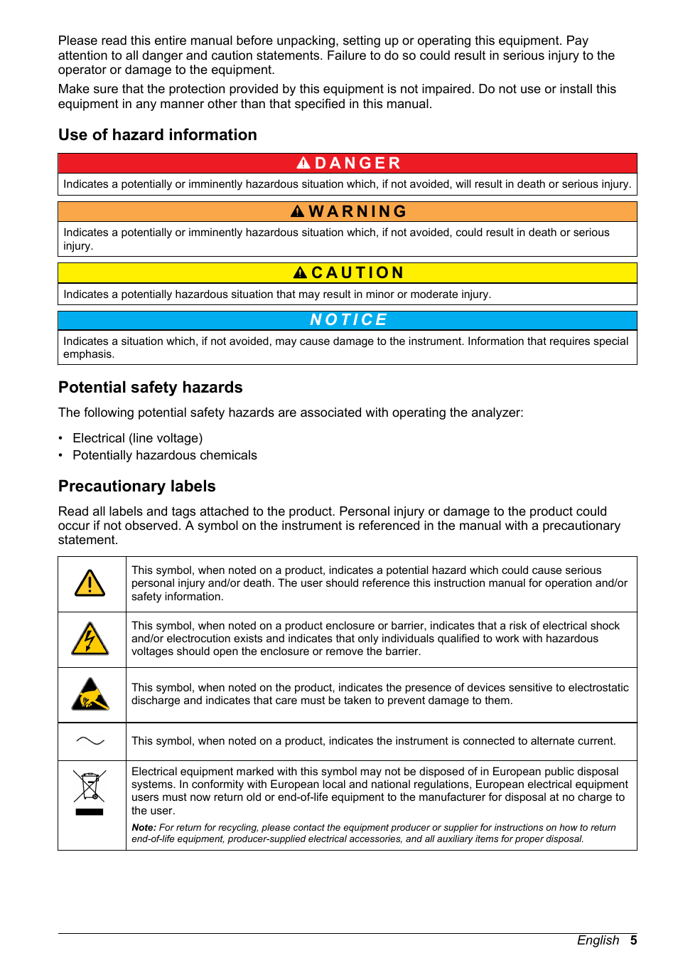Use of hazard information, Potential safety hazards, Precautionary labels | Hach-Lange POLYMETRON 9240 Basic User Manual User Manual | Page 5 / 162
