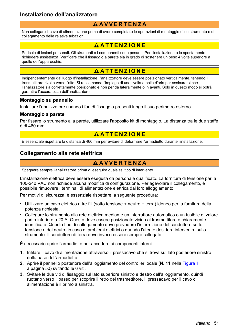 Installazione dell'analizzatore, Montaggio su pannello, Montaggio a parete | Collegamento alla rete elettrica | Hach-Lange POLYMETRON 9240 Basic User Manual User Manual | Page 51 / 162