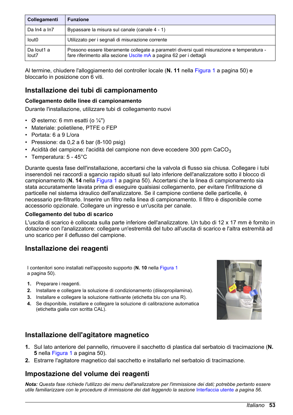Installazione dei tubi di campionamento, Installazione dei reagenti, Installazione dell'agitatore magnetico | Impostazione del volume dei reagenti | Hach-Lange POLYMETRON 9240 Basic User Manual User Manual | Page 53 / 162