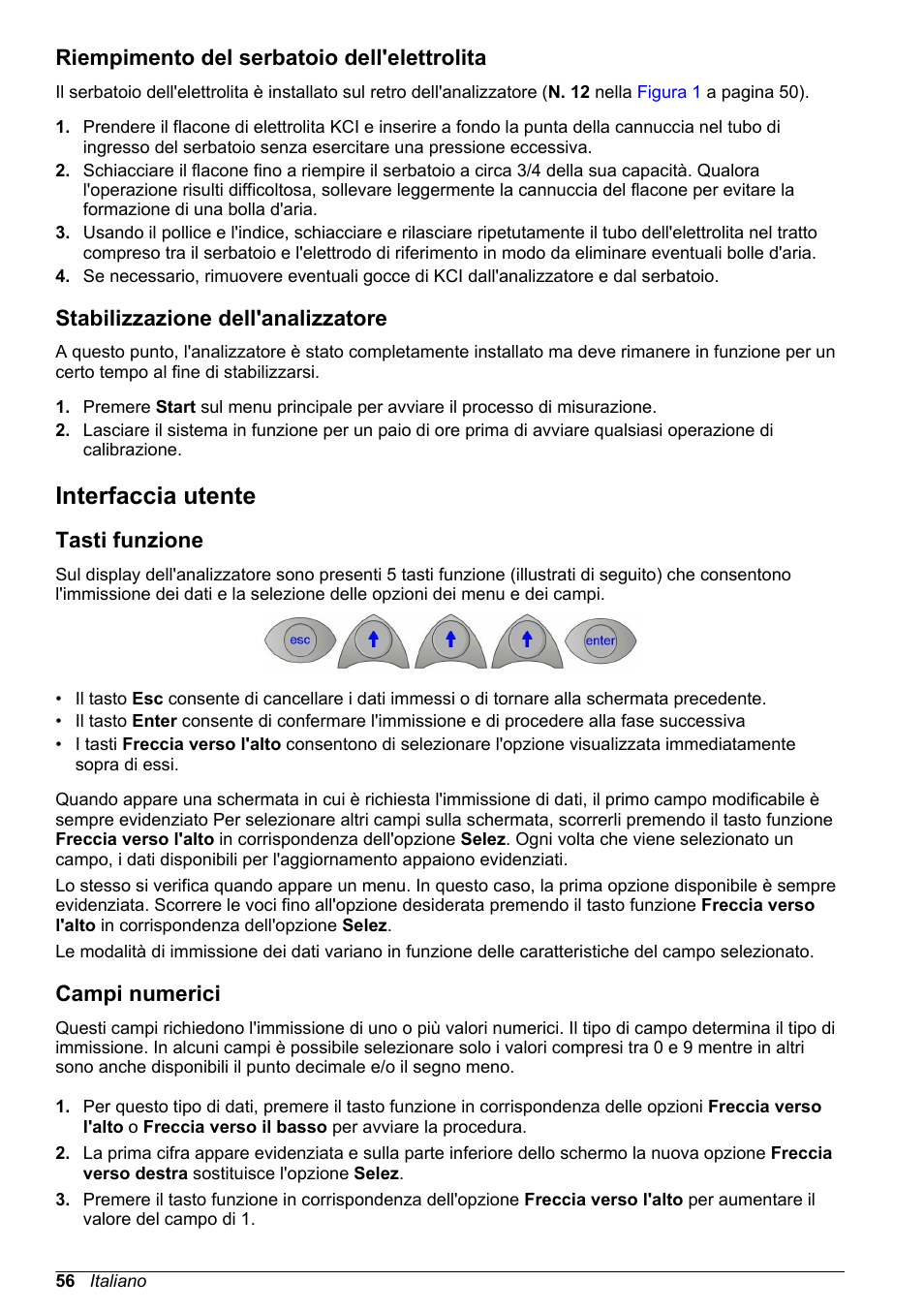 Riempimento del serbatoio dell'elettrolita, Stabilizzazione dell'analizzatore, Interfaccia utente | Tasti funzione, Campi numerici | Hach-Lange POLYMETRON 9240 Basic User Manual User Manual | Page 56 / 162