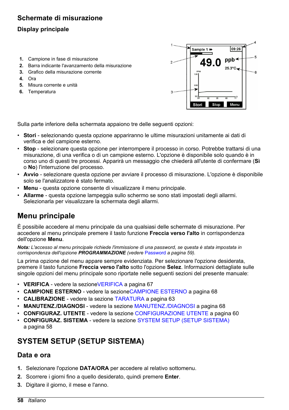Schermate di misurazione, Display principale, Menu principale | System setup (setup sistema), Data e ora | Hach-Lange POLYMETRON 9240 Basic User Manual User Manual | Page 58 / 162