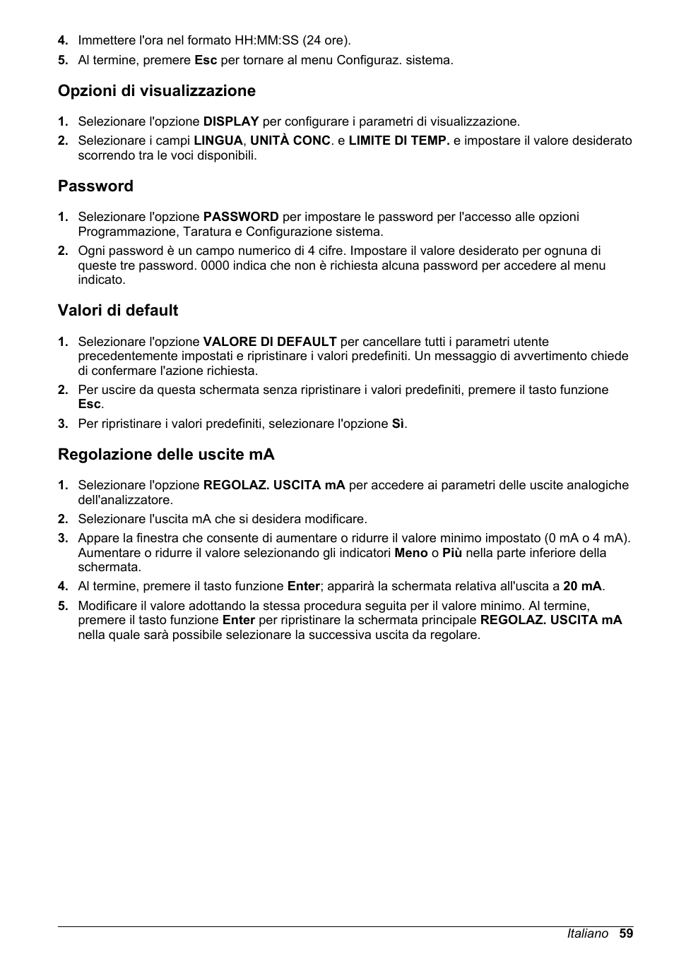 Opzioni di visualizzazione, Password, Valori di default | Regolazione delle uscite ma, Vedere | Hach-Lange POLYMETRON 9240 Basic User Manual User Manual | Page 59 / 162