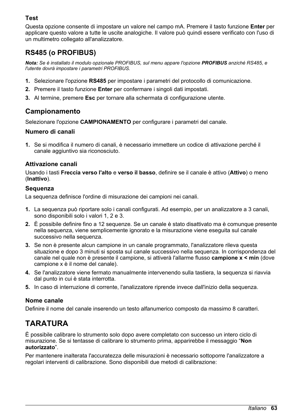 Test, Rs485 (o profibus), Campionamento | Numero di canali, Attivazione canali, Sequenza, Nome canale, Taratura | Hach-Lange POLYMETRON 9240 Basic User Manual User Manual | Page 63 / 162