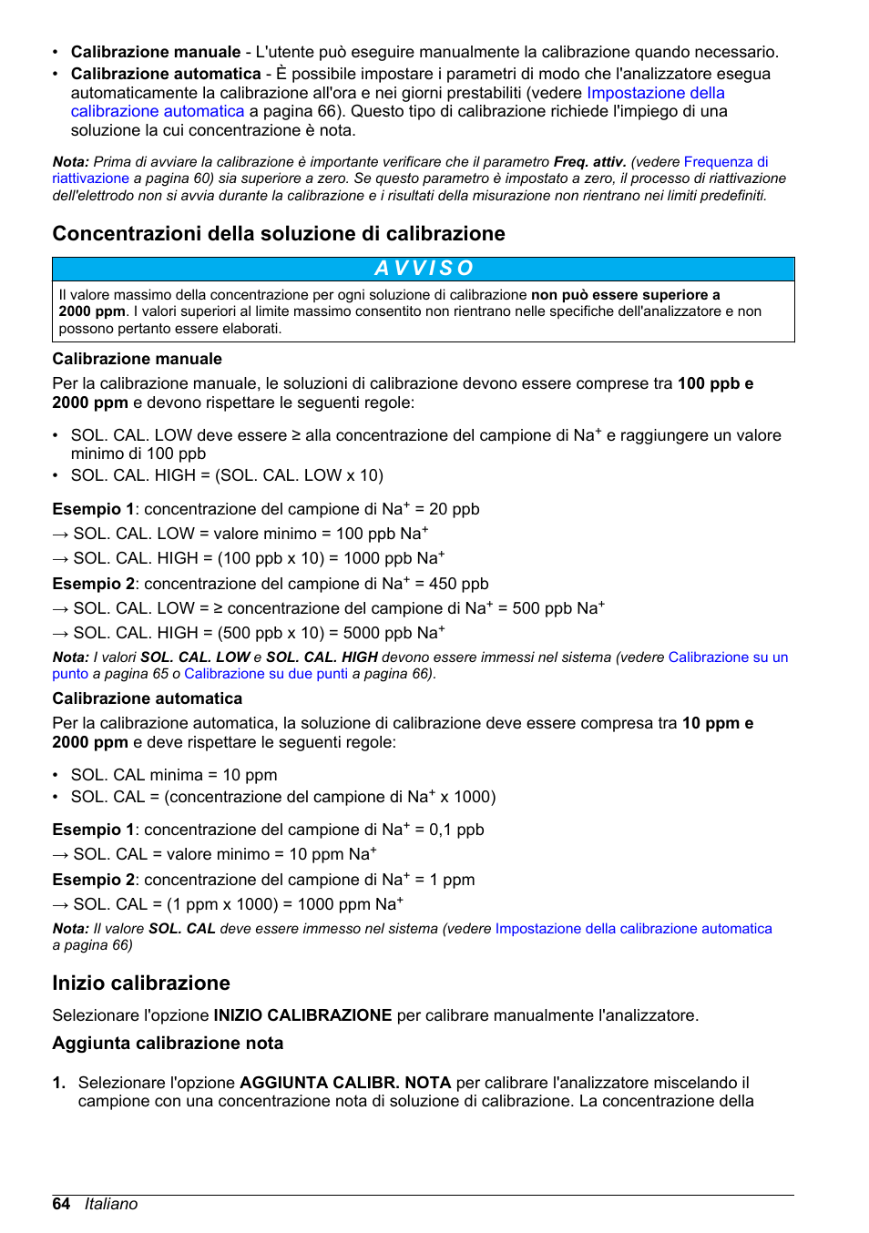 Concentrazioni della soluzione di calibrazione, Inizio calibrazione, Aggiunta calibrazione nota | Hach-Lange POLYMETRON 9240 Basic User Manual User Manual | Page 64 / 162
