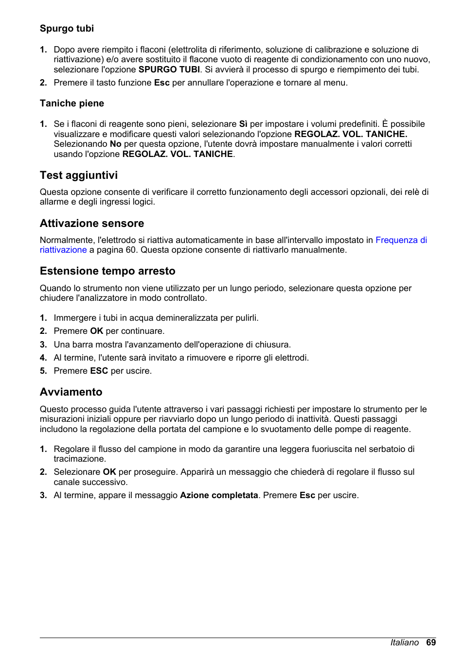 Spurgo tubi, Taniche piene, Test aggiuntivi | Attivazione sensore, Estensione tempo arresto, Avviamento | Hach-Lange POLYMETRON 9240 Basic User Manual User Manual | Page 69 / 162