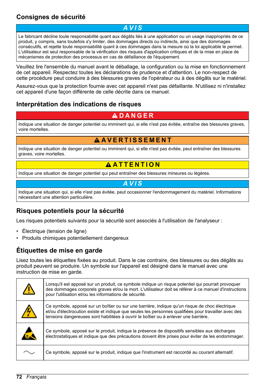 Consignes de sécurité, Interprétation des indications de risques, Risques potentiels pour la sécurité | Étiquettes de mise en garde, A v i s | Hach-Lange POLYMETRON 9240 Basic User Manual User Manual | Page 72 / 162