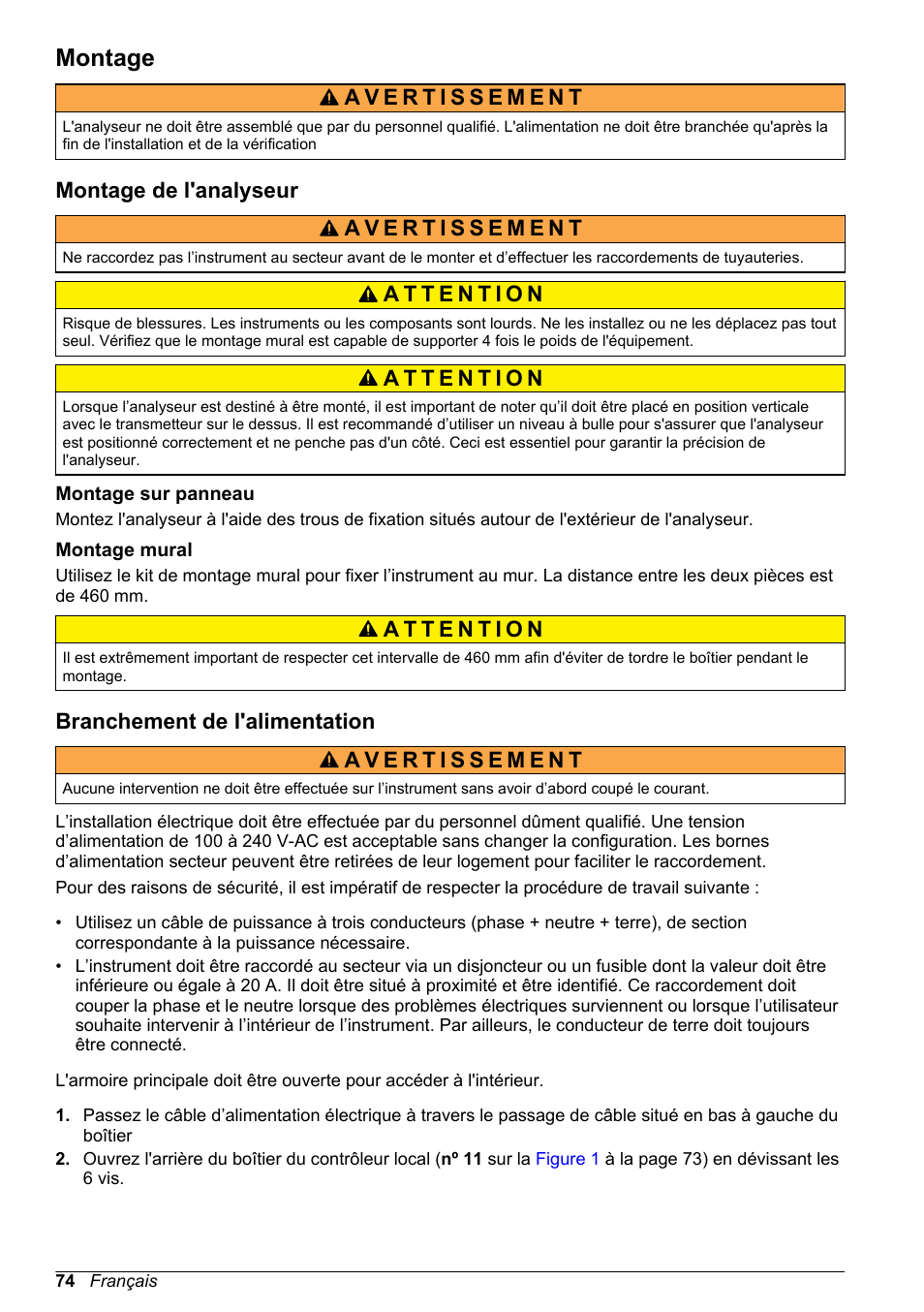 Montage, Montage de l'analyseur, Montage sur panneau | Montage mural, Branchement de l'alimentation | Hach-Lange POLYMETRON 9240 Basic User Manual User Manual | Page 74 / 162
