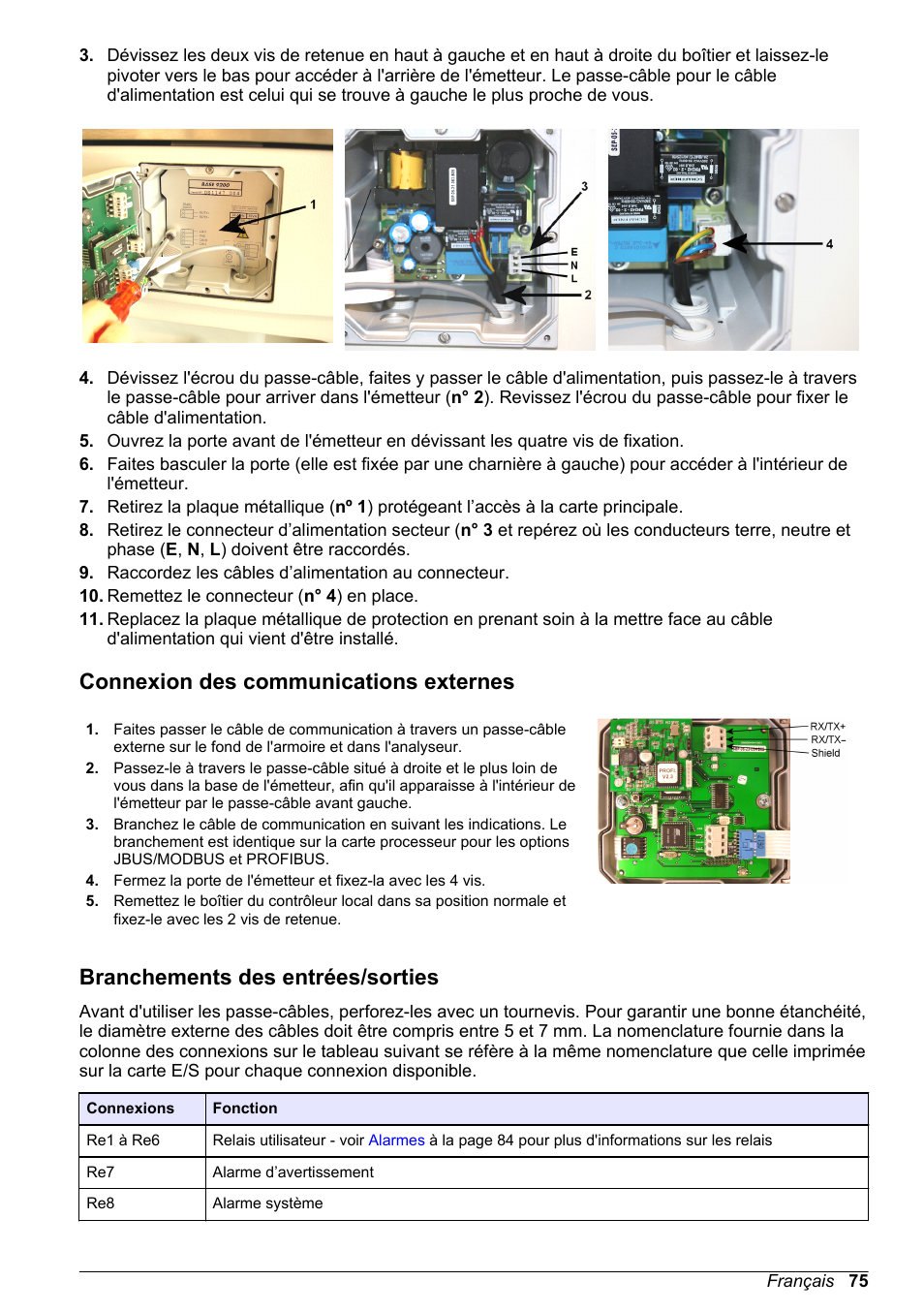 Connexion des communications externes, Branchements des entrées/‍sorties, Branchements des entrées/sorties | Hach-Lange POLYMETRON 9240 Basic User Manual User Manual | Page 75 / 162