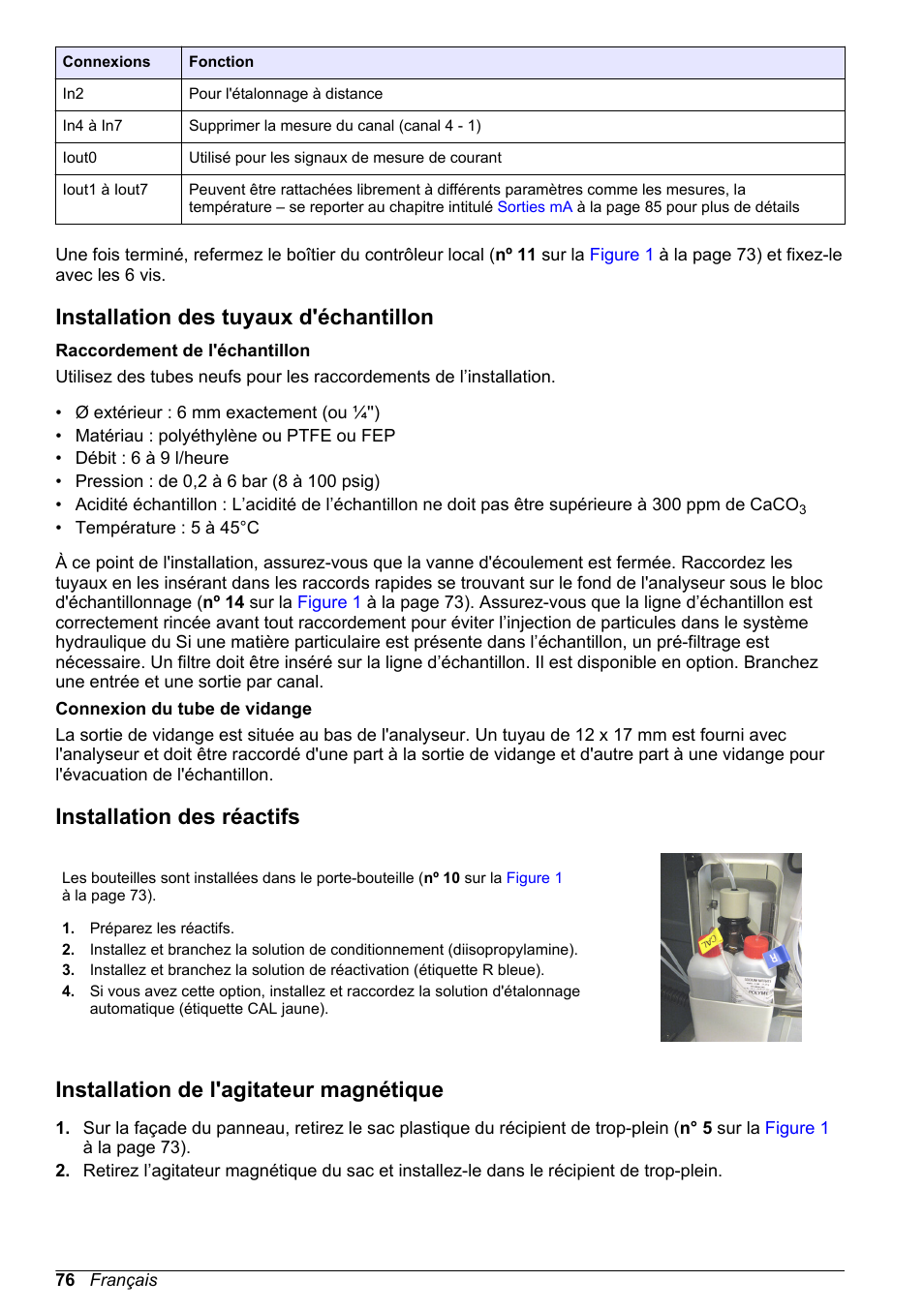 Installation des tuyaux d'échantillon, Installation des réactifs, Installation de l'agitateur magnétique | Hach-Lange POLYMETRON 9240 Basic User Manual User Manual | Page 76 / 162