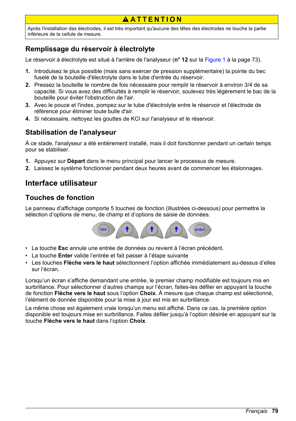 Remplissage du réservoir à électrolyte, Stabilisation de l'analyseur, Interface utilisateur | Touches de fonction | Hach-Lange POLYMETRON 9240 Basic User Manual User Manual | Page 79 / 162