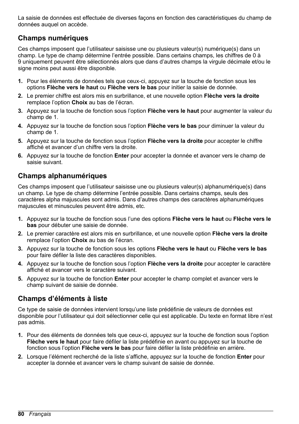 Champs numériques, Champs alphanumériques, Champs d’éléments à liste | Hach-Lange POLYMETRON 9240 Basic User Manual User Manual | Page 80 / 162