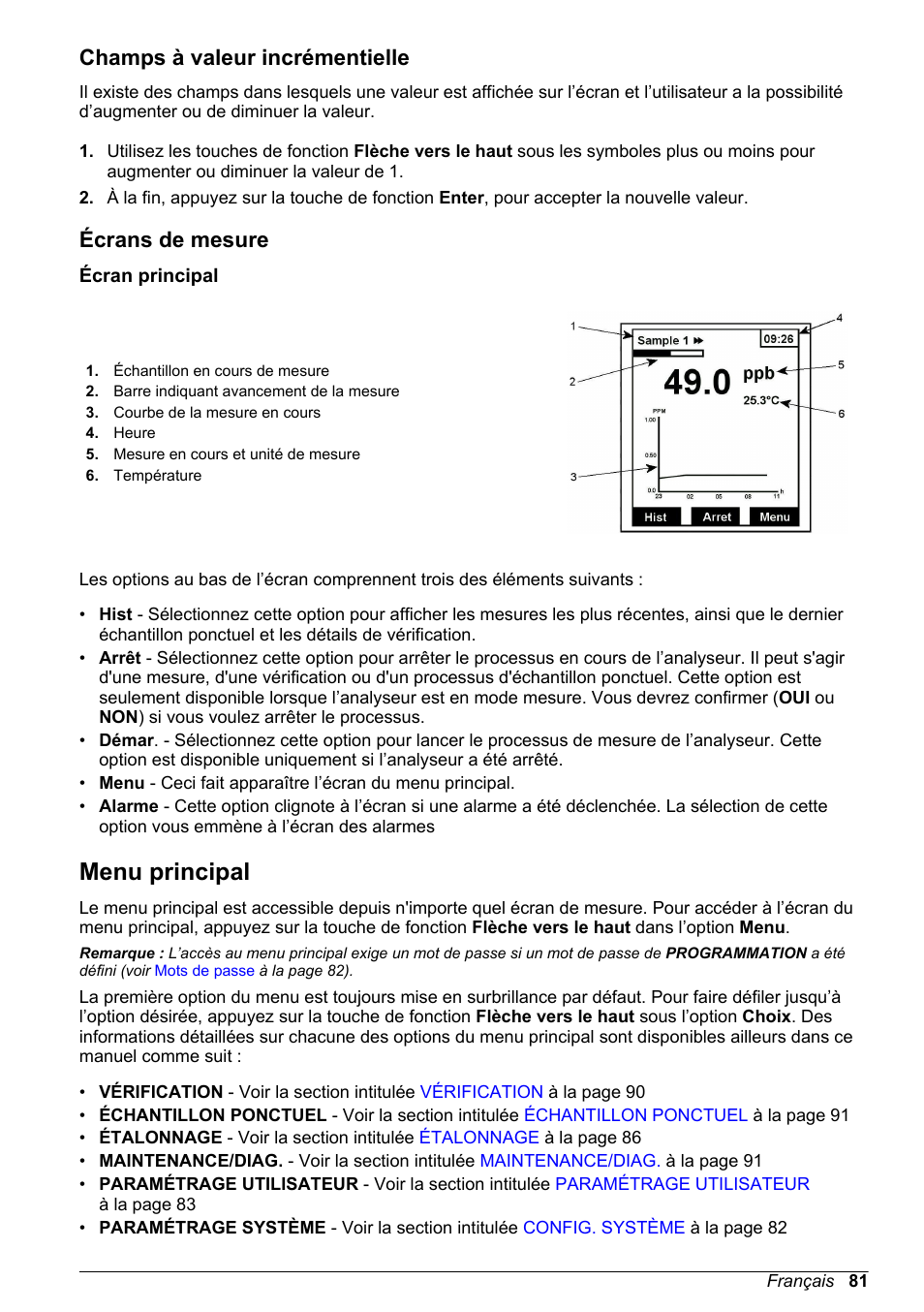 Champs à valeur incrémentielle, Écrans de mesure, Écran principal | Menu principal | Hach-Lange POLYMETRON 9240 Basic User Manual User Manual | Page 81 / 162