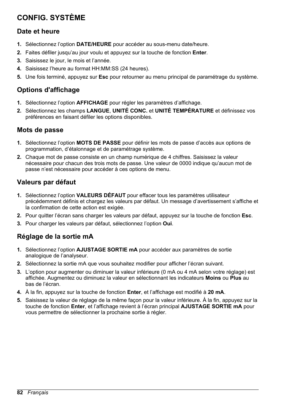 Config. système, Date et heure, Options d'affichage | Mots de passe, Valeurs par défaut, Réglage de la sortie ma, Voir la section intitulée | Hach-Lange POLYMETRON 9240 Basic User Manual User Manual | Page 82 / 162
