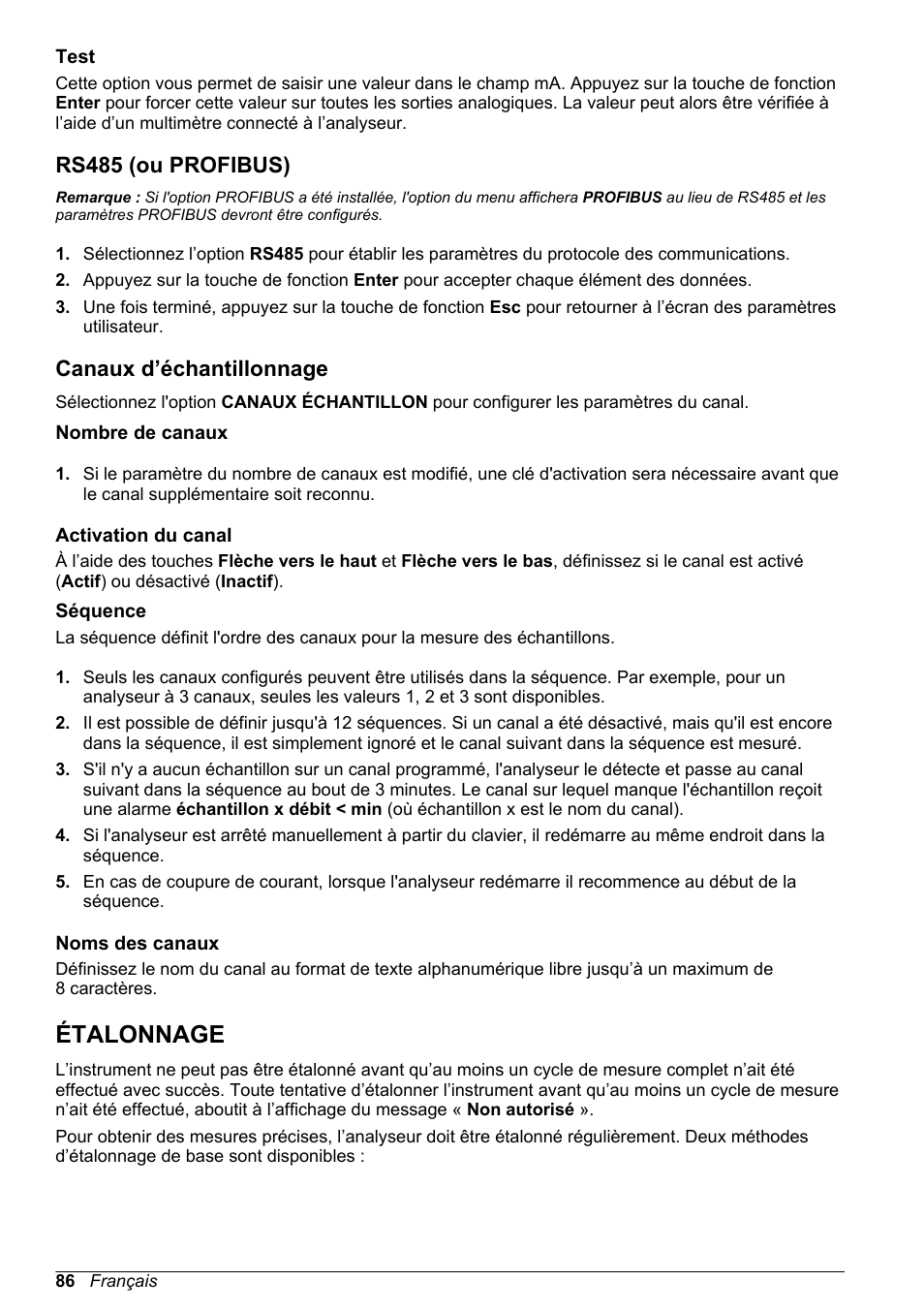 Test, Rs485 (ou profibus), Canaux d’échantillonnage | Nombre de canaux, Activation du canal, Séquence, Noms des canaux, Étalonnage, Voir la section intitulée | Hach-Lange POLYMETRON 9240 Basic User Manual User Manual | Page 86 / 162