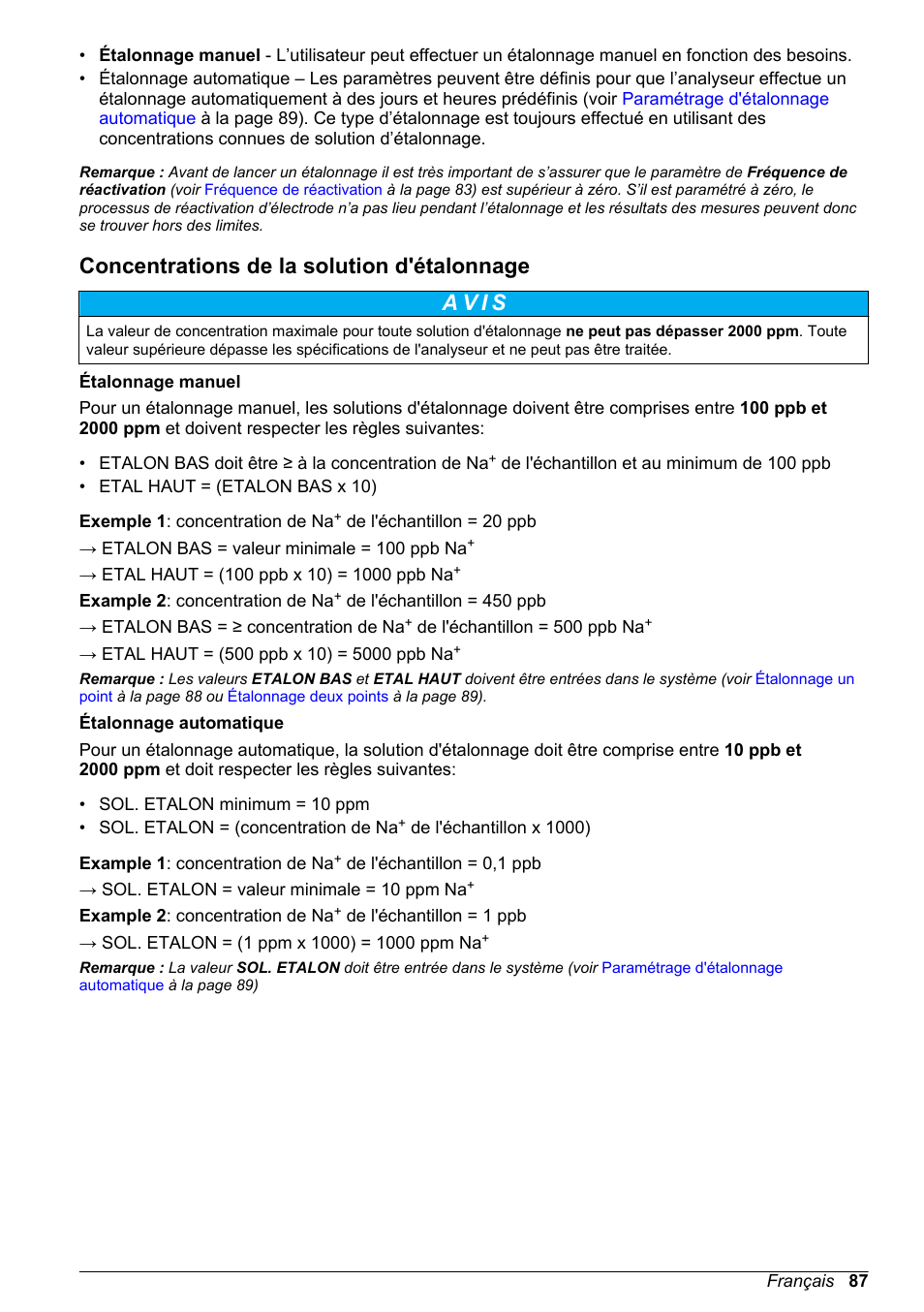 Concentrations de la solution d'étalonnage | Hach-Lange POLYMETRON 9240 Basic User Manual User Manual | Page 87 / 162