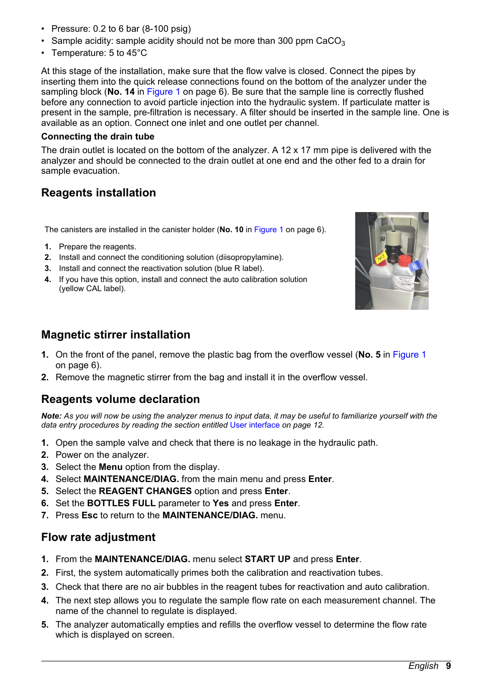 Reagents installation, Magnetic stirrer installation, Reagents volume declaration | Flow rate adjustment | Hach-Lange POLYMETRON 9240 Basic User Manual User Manual | Page 9 / 162