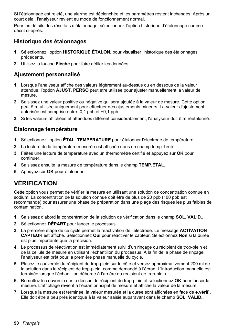 Historique des étalonnages, Ajustement personnalisé, Étalonnage température | Vérification, Voir la section intitulée | Hach-Lange POLYMETRON 9240 Basic User Manual User Manual | Page 90 / 162
