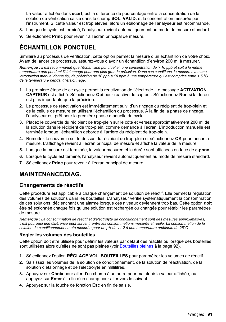 Échantillon ponctuel, Maintenance/‍diag, Changements de réactifs | Régler les volumes des bouteilles, Voir la section intitulée, Maintenance/diag | Hach-Lange POLYMETRON 9240 Basic User Manual User Manual | Page 91 / 162