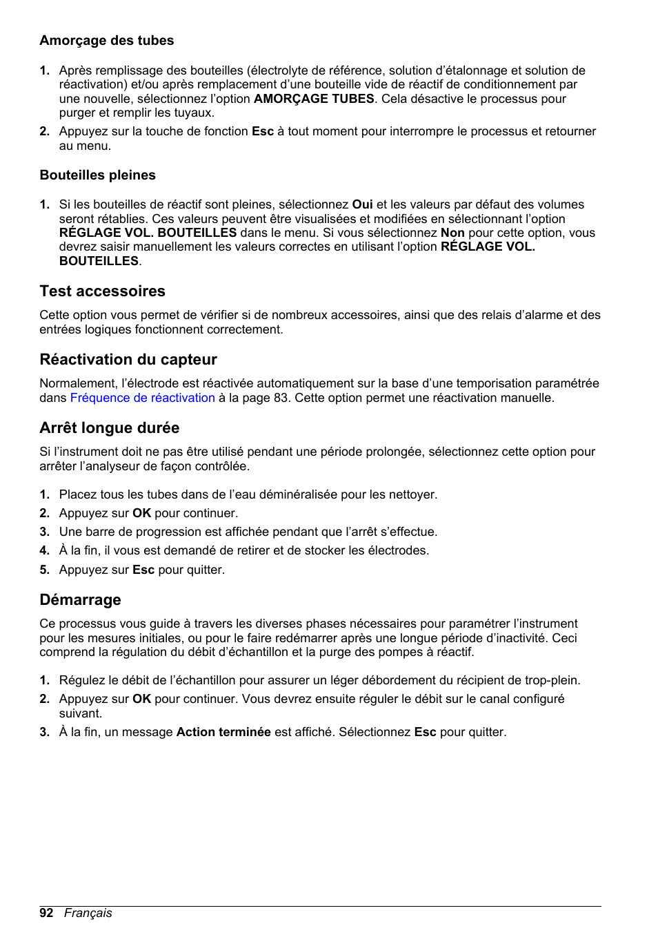 Amorçage des tubes, Bouteilles pleines, Test accessoires | Réactivation du capteur, Arrêt longue durée, Démarrage | Hach-Lange POLYMETRON 9240 Basic User Manual User Manual | Page 92 / 162