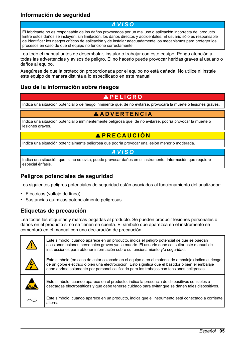 Información de seguridad, Uso de la información sobre riesgos, Peligros potenciales de seguridad | Etiquetas de precaución | Hach-Lange POLYMETRON 9240 Basic User Manual User Manual | Page 95 / 162