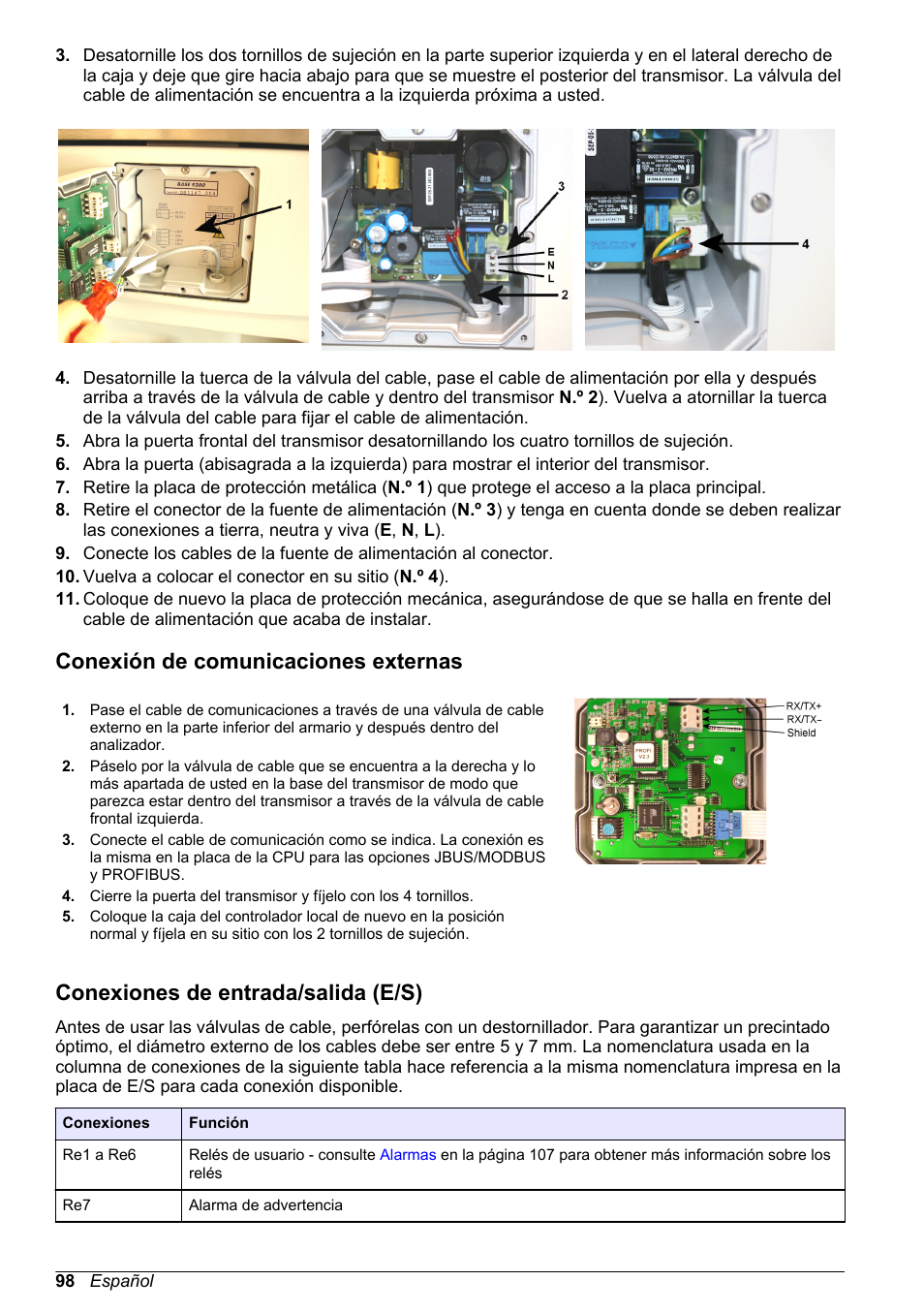 Conexión de comunicaciones externas, Conexiones de entrada/‍salida (e/‍s), Conexiones de entrada/salida (e/s) | Hach-Lange POLYMETRON 9240 Basic User Manual User Manual | Page 98 / 162