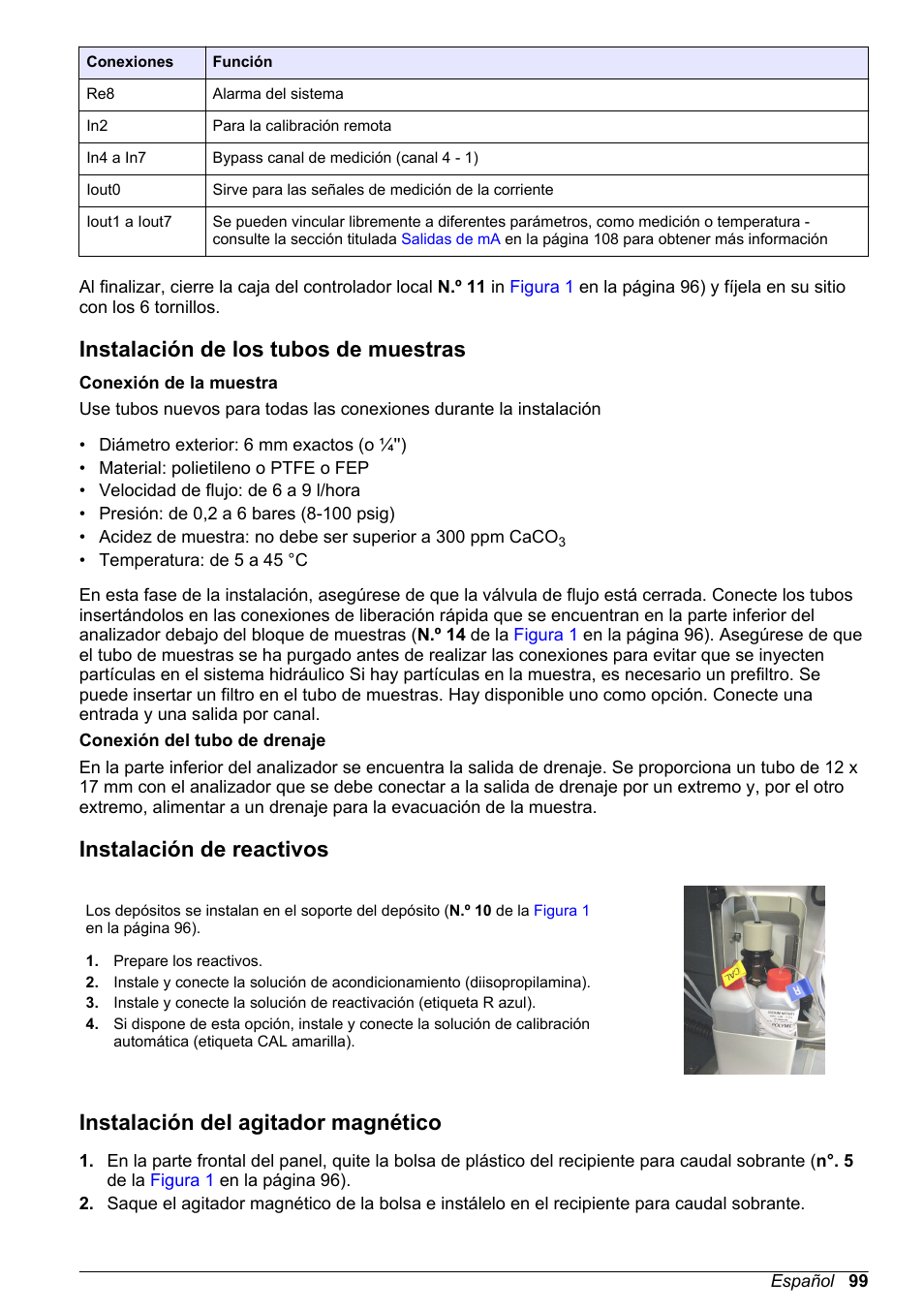 Instalación de los tubos de muestras, Instalación de reactivos, Instalación del agitador magnético | Hach-Lange POLYMETRON 9240 Basic User Manual User Manual | Page 99 / 162