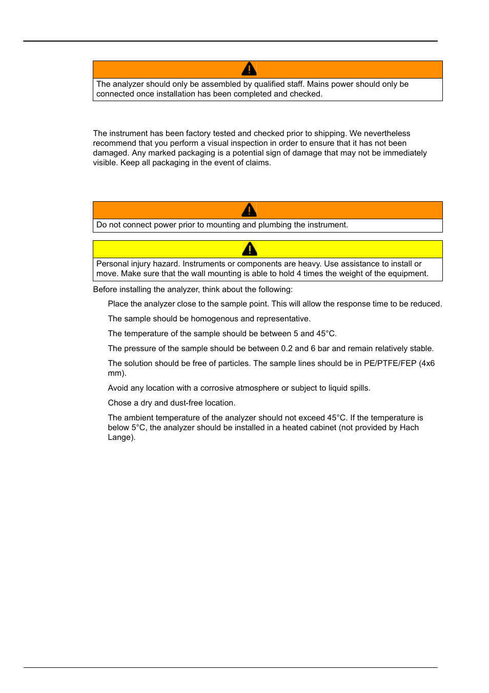 Section 4 installation, 1 analyzer inspection and unpacking, 2 instrument preparation | Hach-Lange POLYMETRON 9240 Operator Manual User Manual | Page 39 / 144