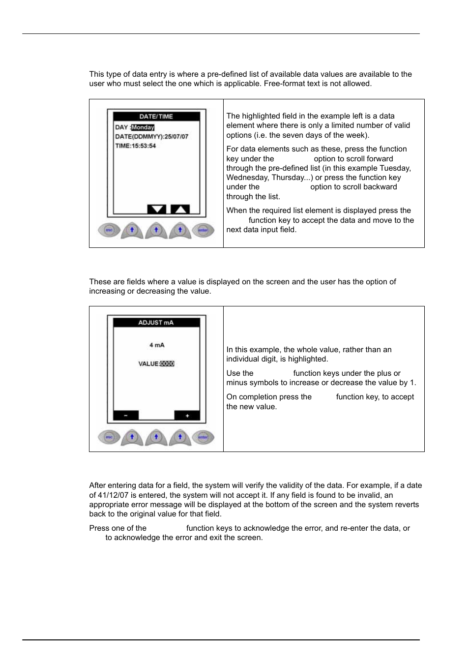 4 list element fields, 5 incremental value fields, 6 data entry input errors | Hach-Lange POLYMETRON 9240 Operator Manual User Manual | Page 64 / 144