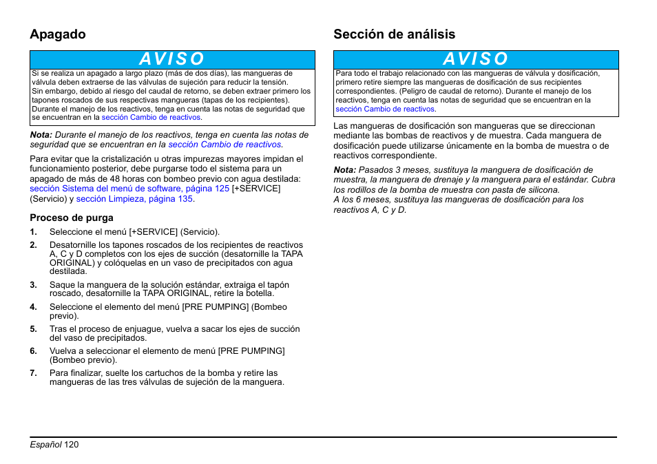 Av i s o, Apagado, Sección de análisis | Hach-Lange PHOSPHAX sigma Basic User Manual User Manual | Page 120 / 305