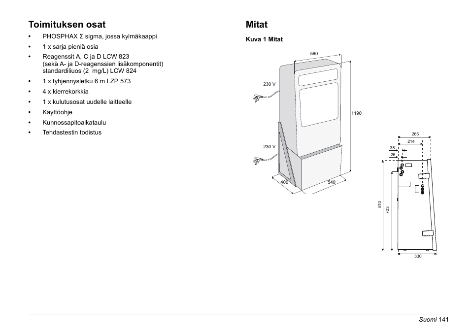 Toimituksen osat, Mitat | Hach-Lange PHOSPHAX sigma Basic User Manual User Manual | Page 141 / 305