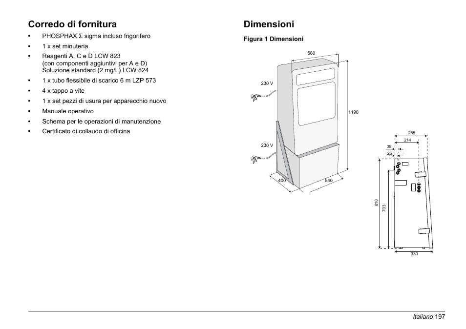 Corredo di fornitura, Dimensioni | Hach-Lange PHOSPHAX sigma Basic User Manual User Manual | Page 197 / 305