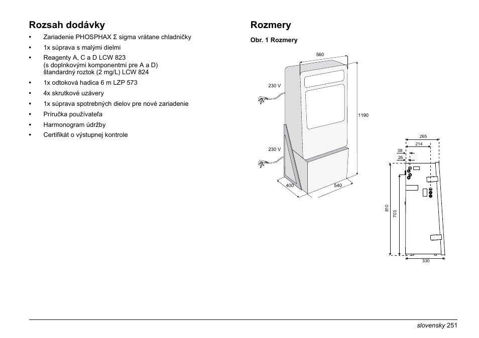 Rozsah dodávky, Rozmery | Hach-Lange PHOSPHAX sigma Basic User Manual User Manual | Page 251 / 305