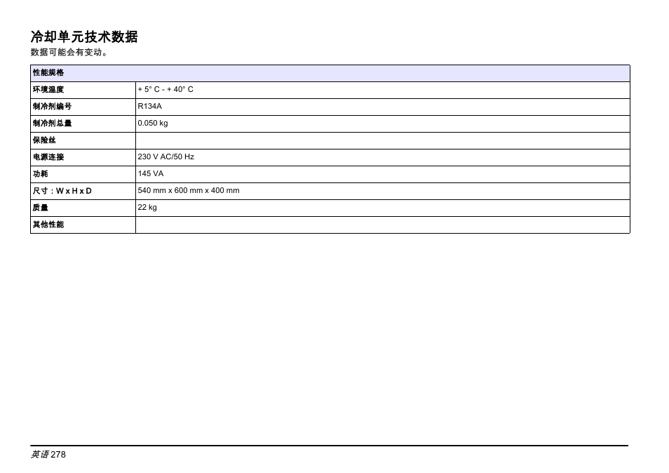冷却单元技术数据 | Hach-Lange PHOSPHAX sigma Basic User Manual User Manual | Page 278 / 305