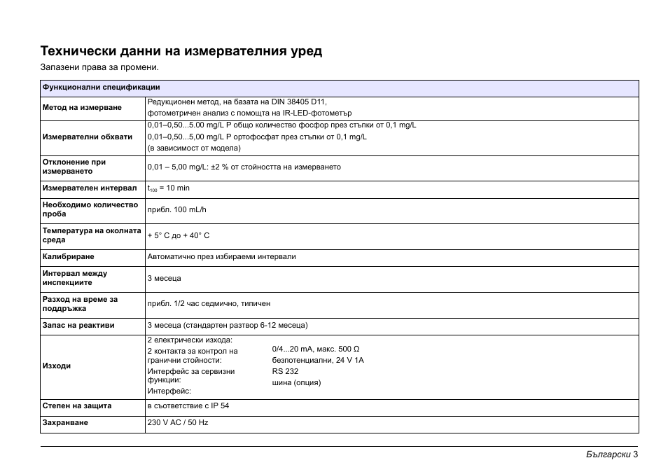 Български, Технически данни на измервателния уред | Hach-Lange PHOSPHAX sigma Basic User Manual User Manual | Page 3 / 305
