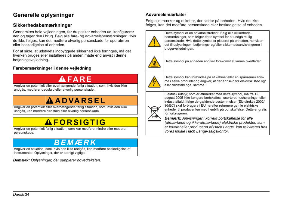 Fa r e, Generelle oplysninger | Hach-Lange PHOSPHAX sigma Basic User Manual User Manual | Page 34 / 305