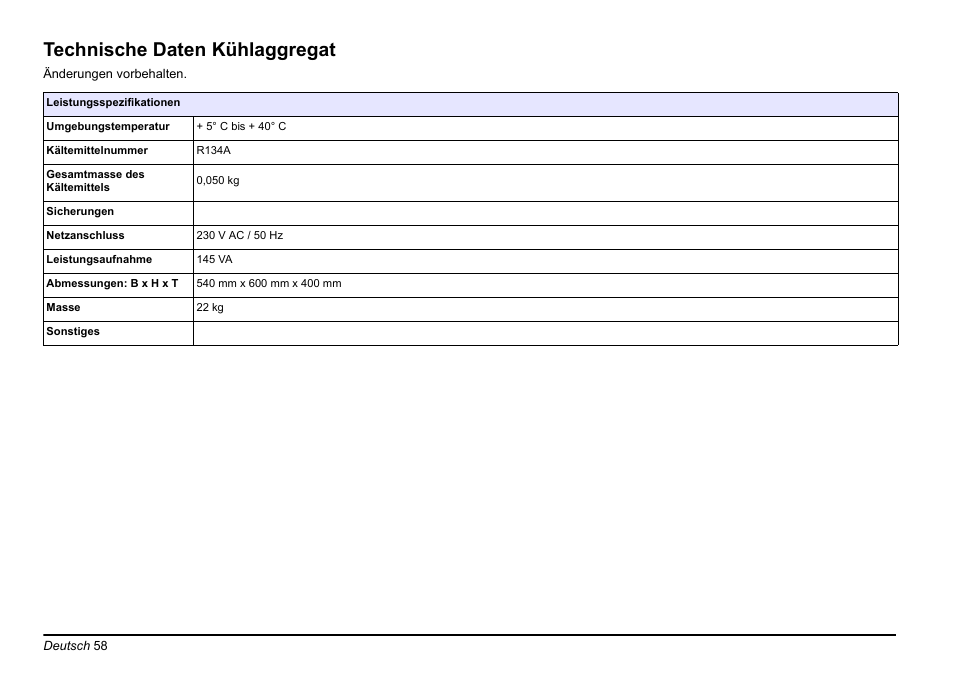 Technische daten kühlaggregat | Hach-Lange PHOSPHAX sigma Basic User Manual User Manual | Page 58 / 305