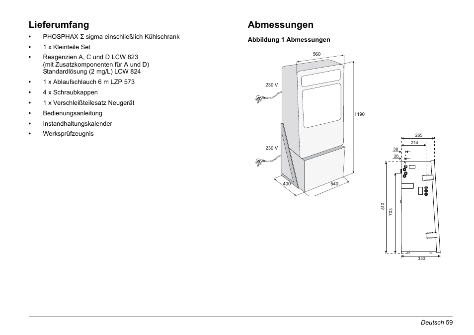 Lieferumfang, Abmessungen | Hach-Lange PHOSPHAX sigma Basic User Manual User Manual | Page 59 / 305