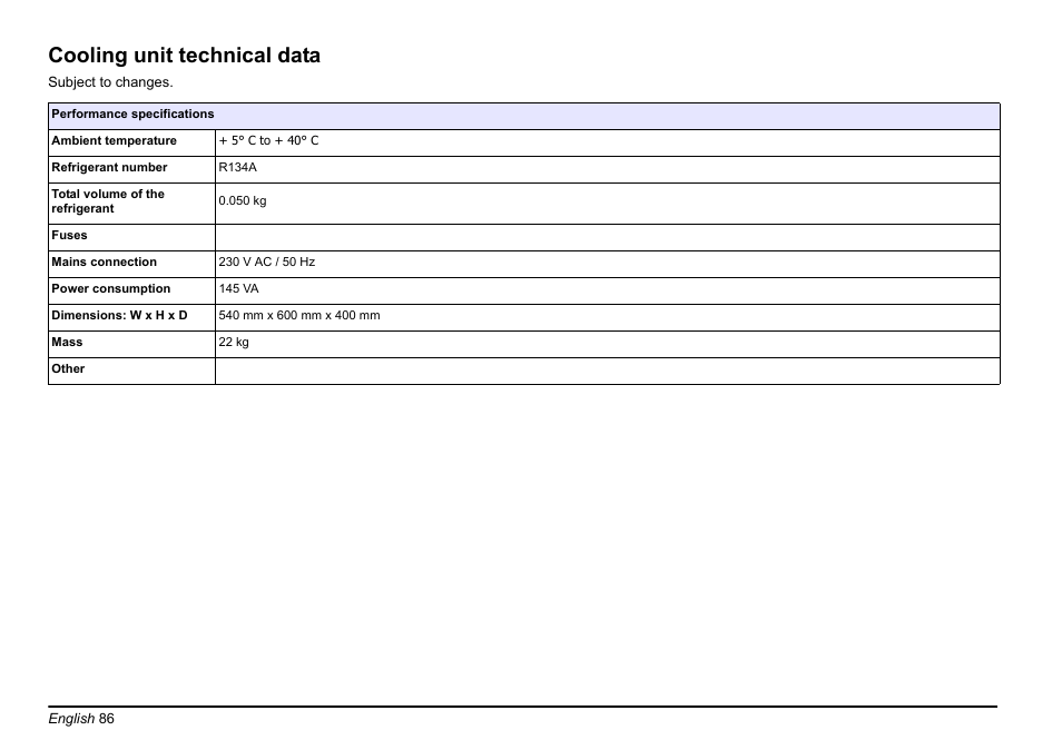 Cooling unit technical data | Hach-Lange PHOSPHAX sigma Basic User Manual User Manual | Page 86 / 305