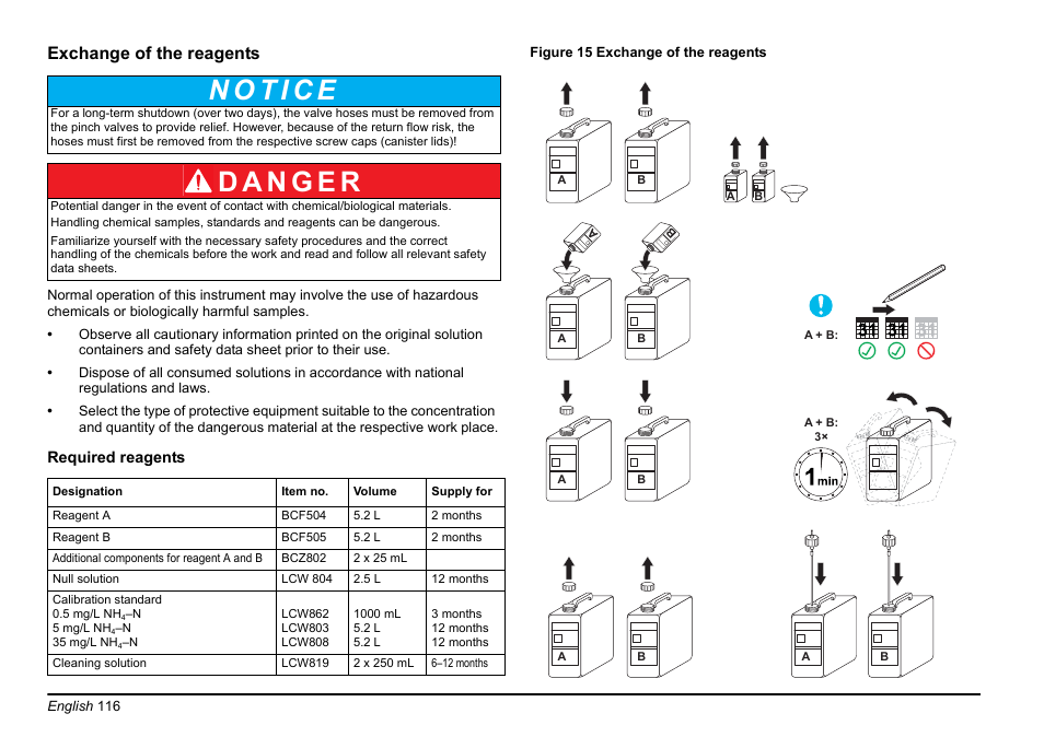 Refer to, Section exchange of the reagents, Exchange of the reagents | Hach-Lange AMTAX inter2 Basic User Manual User Manual | Page 116 / 377