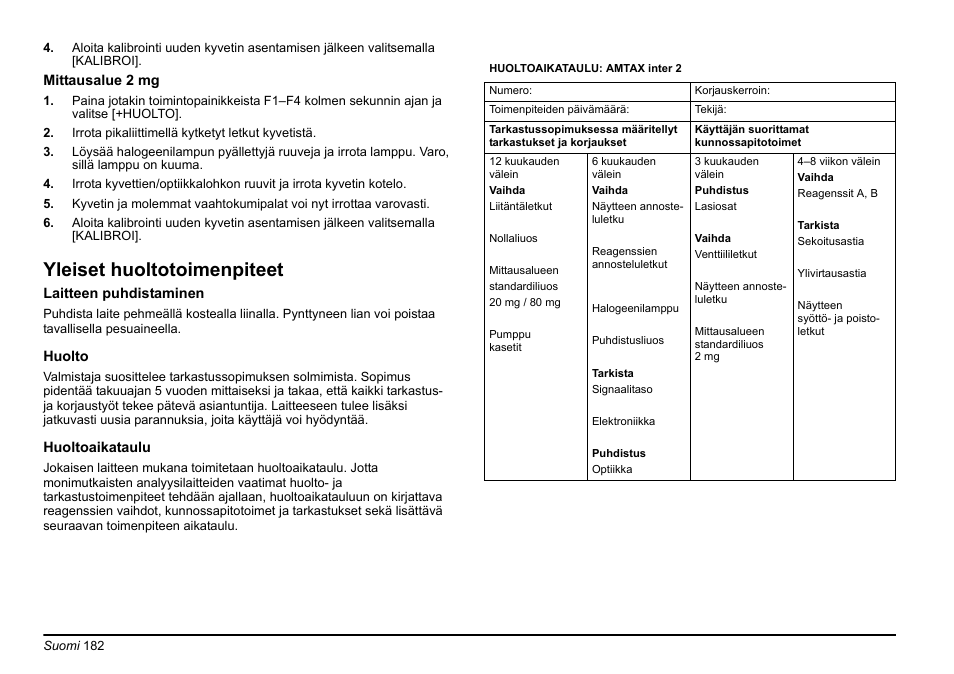 Osayleiset huoltotoimenpiteet, Sivu182, Yleiset huoltotoimenpiteet | Hach-Lange AMTAX inter2 Basic User Manual User Manual | Page 182 / 377