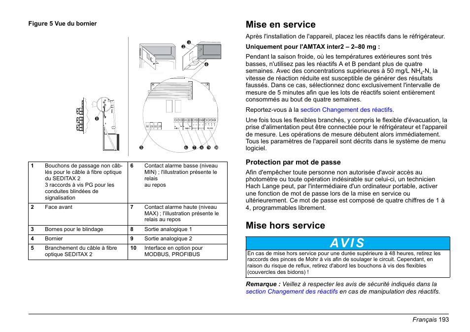 Av i s, Mise en service, Mise hors service | Hach-Lange AMTAX inter2 Basic User Manual User Manual | Page 193 / 377