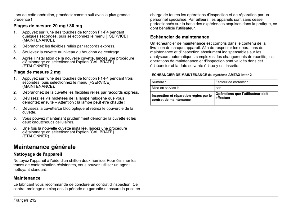 Section maintenance générale, Maintenance générale | Hach-Lange AMTAX inter2 Basic User Manual User Manual | Page 212 / 377